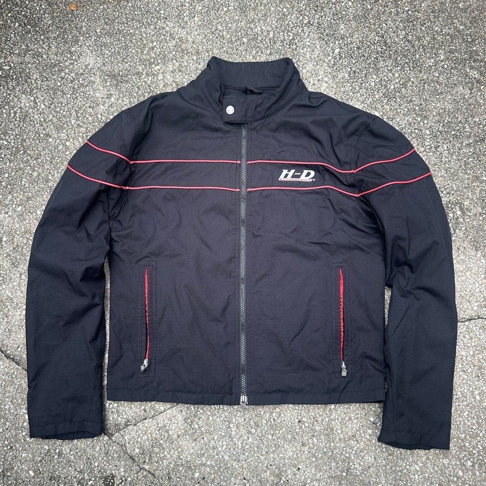 Harley Davidson Mens Medium Black Red Striped Nylon Mesh Riding Jacket Full Zip
